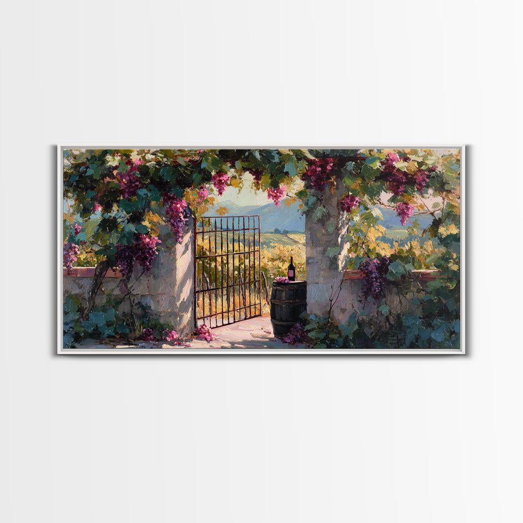 Vineyard Gate with Climbing Roses Framed Canvas Print, Winery Art, Wall Art, Winery Decor, Oil Painting, Vineyard, WIN-2x1-35