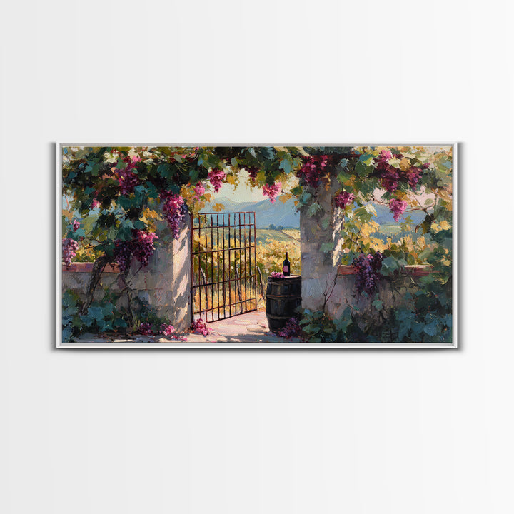 Vineyard Gate with Climbing Roses Framed Canvas Print, Winery Art, Wall Art, Winery Decor, Oil Painting, Vineyard, WIN-2x1-35