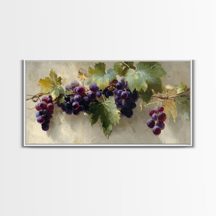 Grapevine Branch with Purple Grapes and Leaves Framed Canvas Print, Winery Art, Kitchen Wall Art, Winery Decor, Oil Painting, WIN-2x1-45