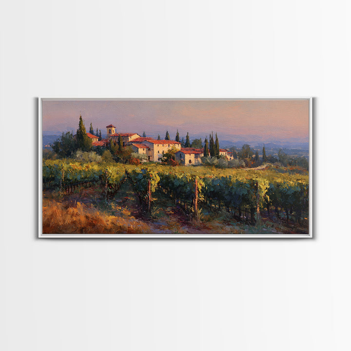 Tuscan Vineyard at Golden Hour Canvas Print, Winery Art, Farmhouse Decor, Winery Decor, Oil Painting, Vineyard, Bar Art, WIN-2x1-47