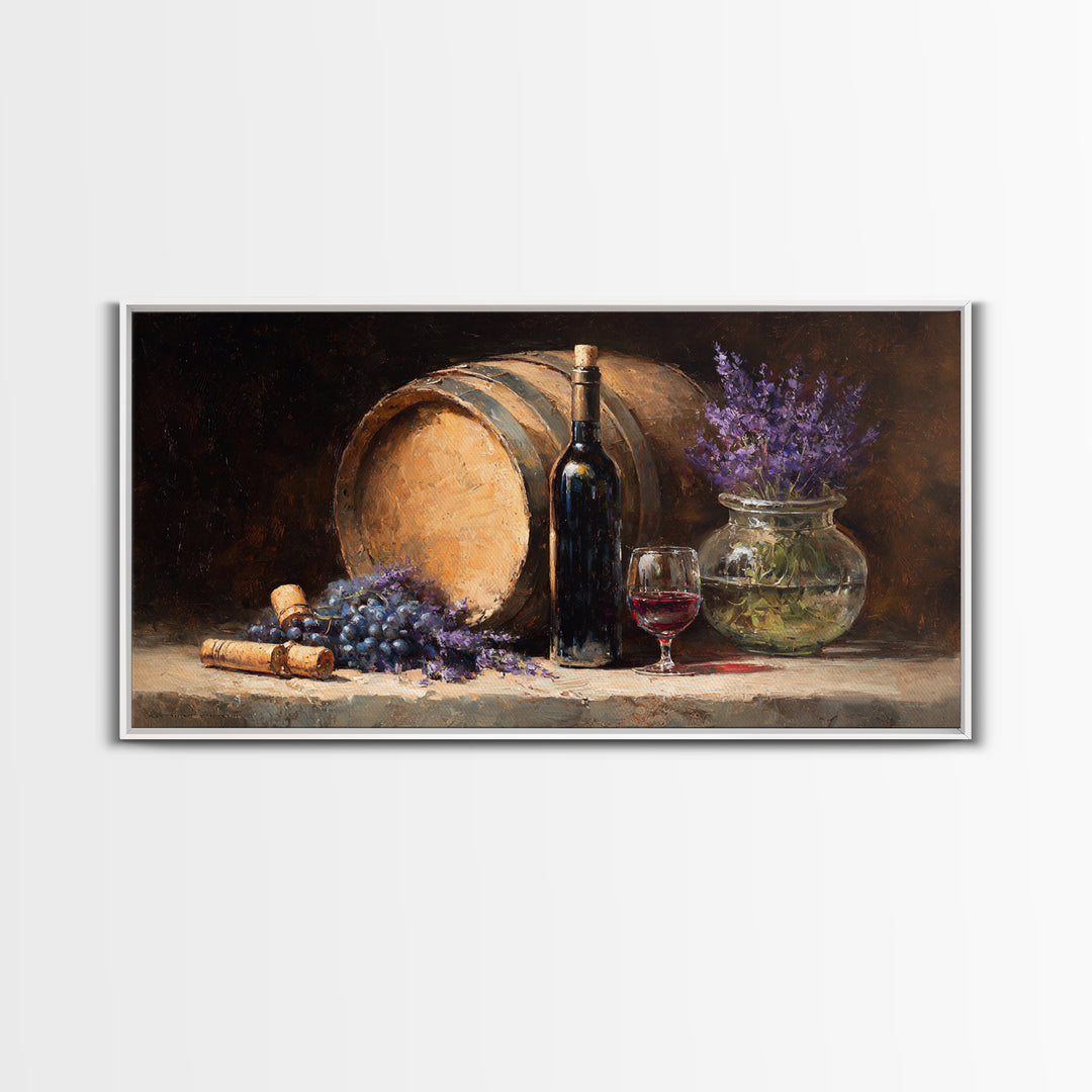 Wine Barrel with Lavender and Sunlight Framed Canvas Print, Winery Art, Wall Decor, Winery Decor, Fine Art, Vineyard, WIN-2x1-50