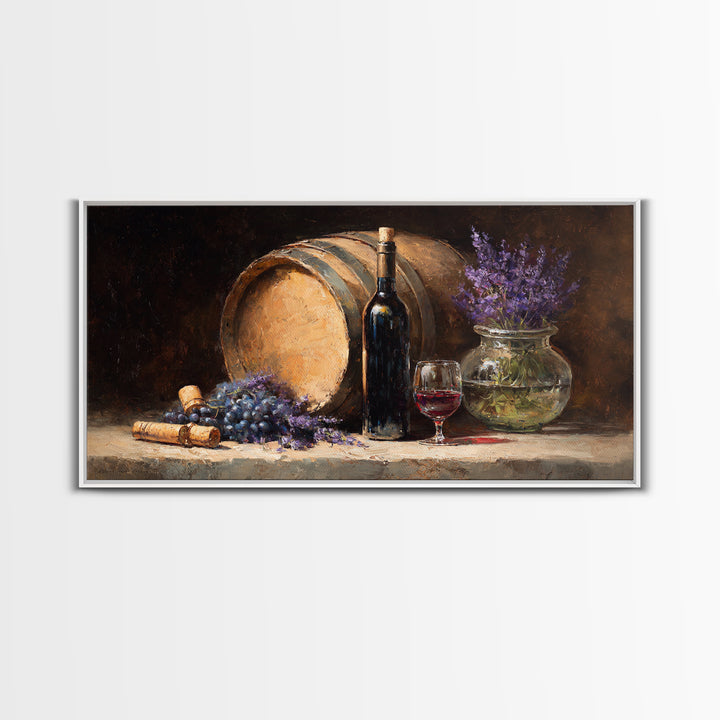 Wine Barrel with Lavender and Sunlight Framed Canvas Print, Winery Art, Wall Decor, Winery Decor, Fine Art, Vineyard, WIN-2x1-50