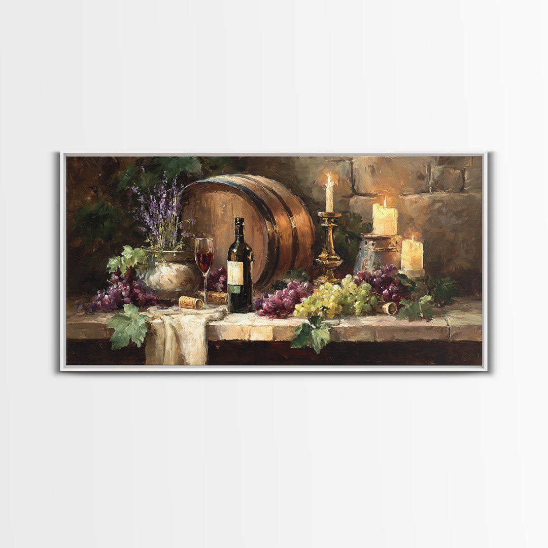 Wine Barrel with Lavender and Sunlight Canvas Print, Winery Art, Oil Painting, Winery Decor, Watercolor Art, Vineyard, WIN-2x1-74