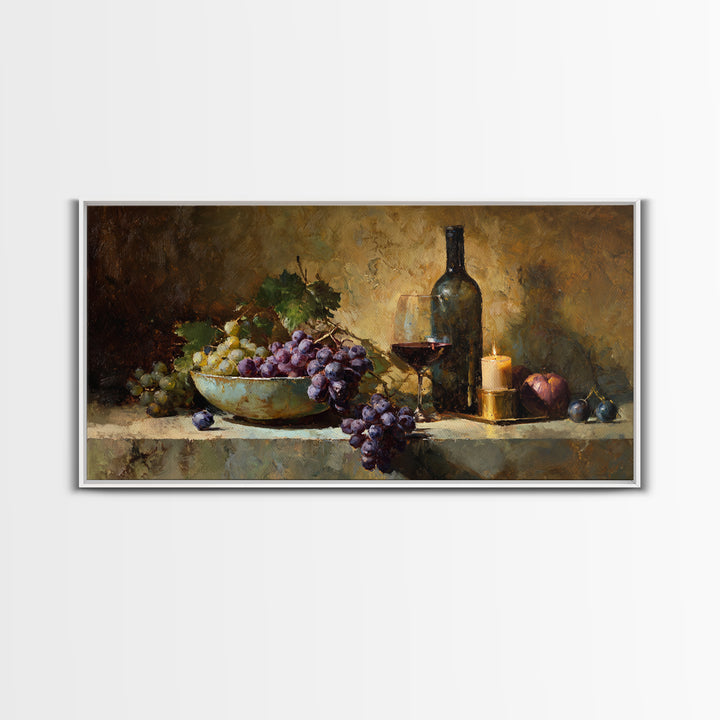Grapes in a Ceramic Bowl with Shadows Canvas Print, Winery Art, Farmhouse Decor, Winery Decor, Oil Painting, Vineyard, WIN-2x1-77