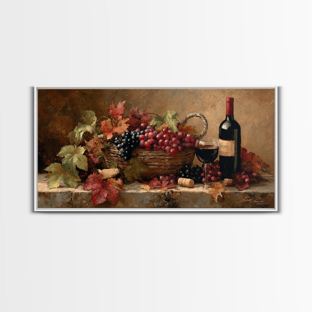 Wine Harvest Basket Framed Canvas Print, Winery Art, Art Print, Winery Decor, Oil Painting, Vineyard, Watercolor Painting, WIN-2x1-90