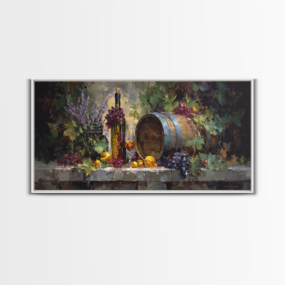 Wine Barrel with Lavender and Sunlight Canvas Print, Winery Art, Oil Painting, Winery Decor, Watercolor Art, Vineyard, WIN-2x1-98