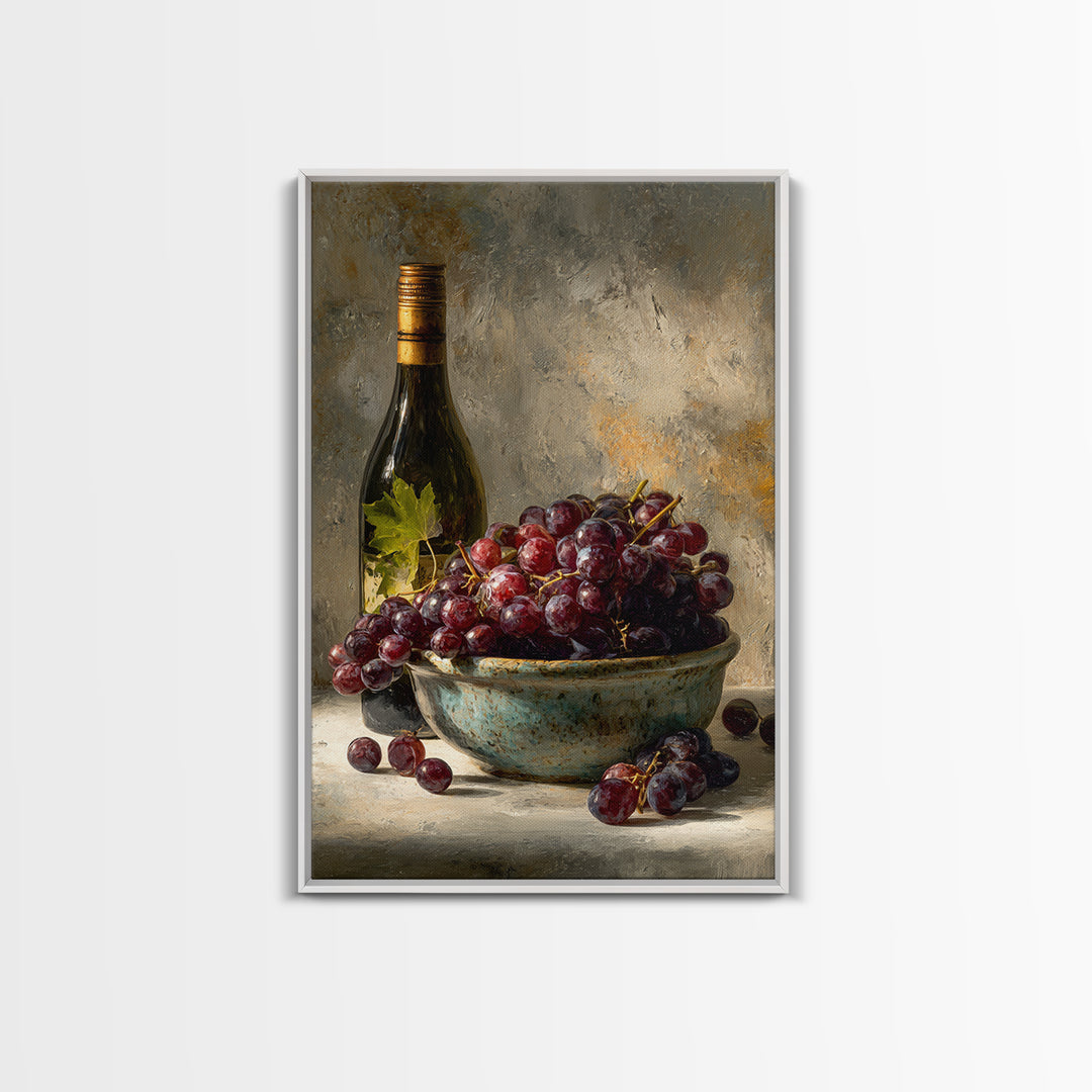 Grapes in a Ceramic Bowl with Shadows Framed Canvas Print, Winery Art, Kitchen Decor, Winery Decor, Abstract Art, Vineyard, WIN-2x3-17