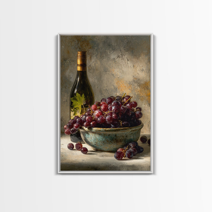 Grapes in a Ceramic Bowl with Shadows Framed Canvas Print, Winery Art, Kitchen Decor, Winery Decor, Abstract Art, Vineyard, WIN-2x3-17
