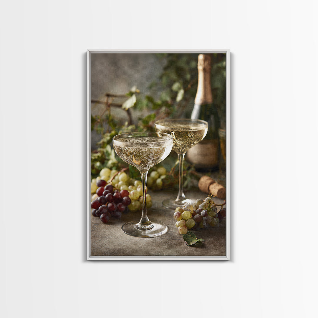Champagne Coupe with Bubbles and Light Framed Canvas Print, Winery Art, Art Print, Winery Decor, Oil Painting, Vineyard, WIN-2x3-51
