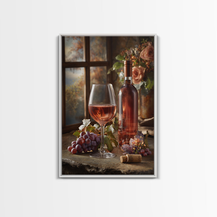 Ros Glass Beside Summer Flowers Canvas Print, Winery Art, Winery Decor, Oil Painting, Vineyard, Retro Wall Art, WIN-2x3-70