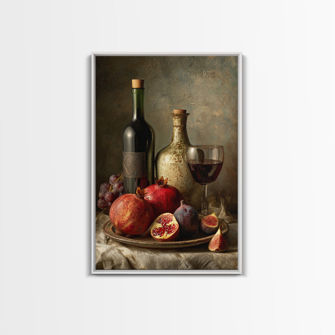 Pomegranate Figs and Red Wine Composition Framed Canvas Print, Winery Art, Watercolor Painting, Winery Decor, Vineyard, WIN-2x3-73