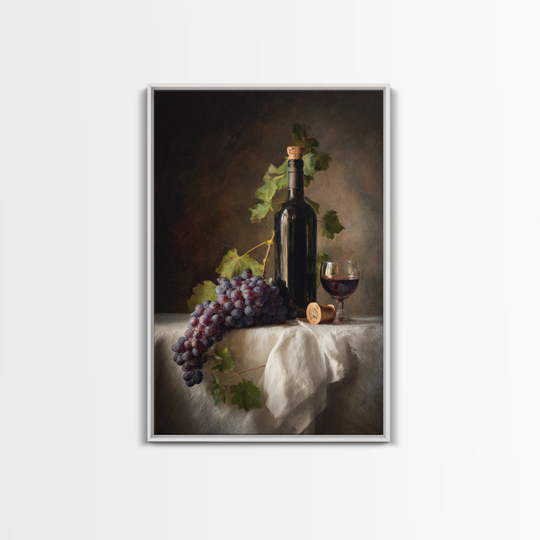 Champagne Grapes and White Linen Still Life Framed Canvas Print, Winery Art, Preppy Wall Art, Winery Decor, Fine Art, Vineyard, WIN-2x3-85