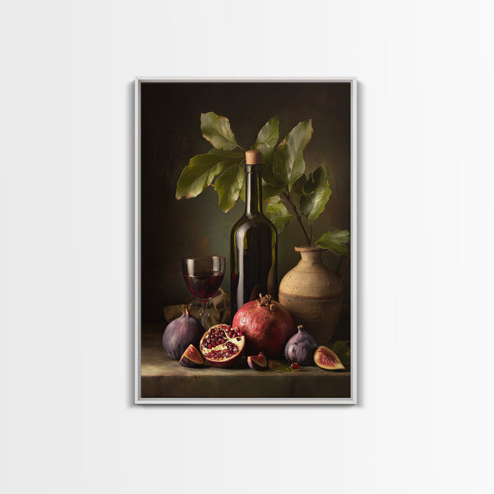 Pomegranate Figs and Red Wine Composition Framed Canvas Print, Winery Art, Watercolor Painting, Winery Decor, Vineyard, WIN-2x3-97