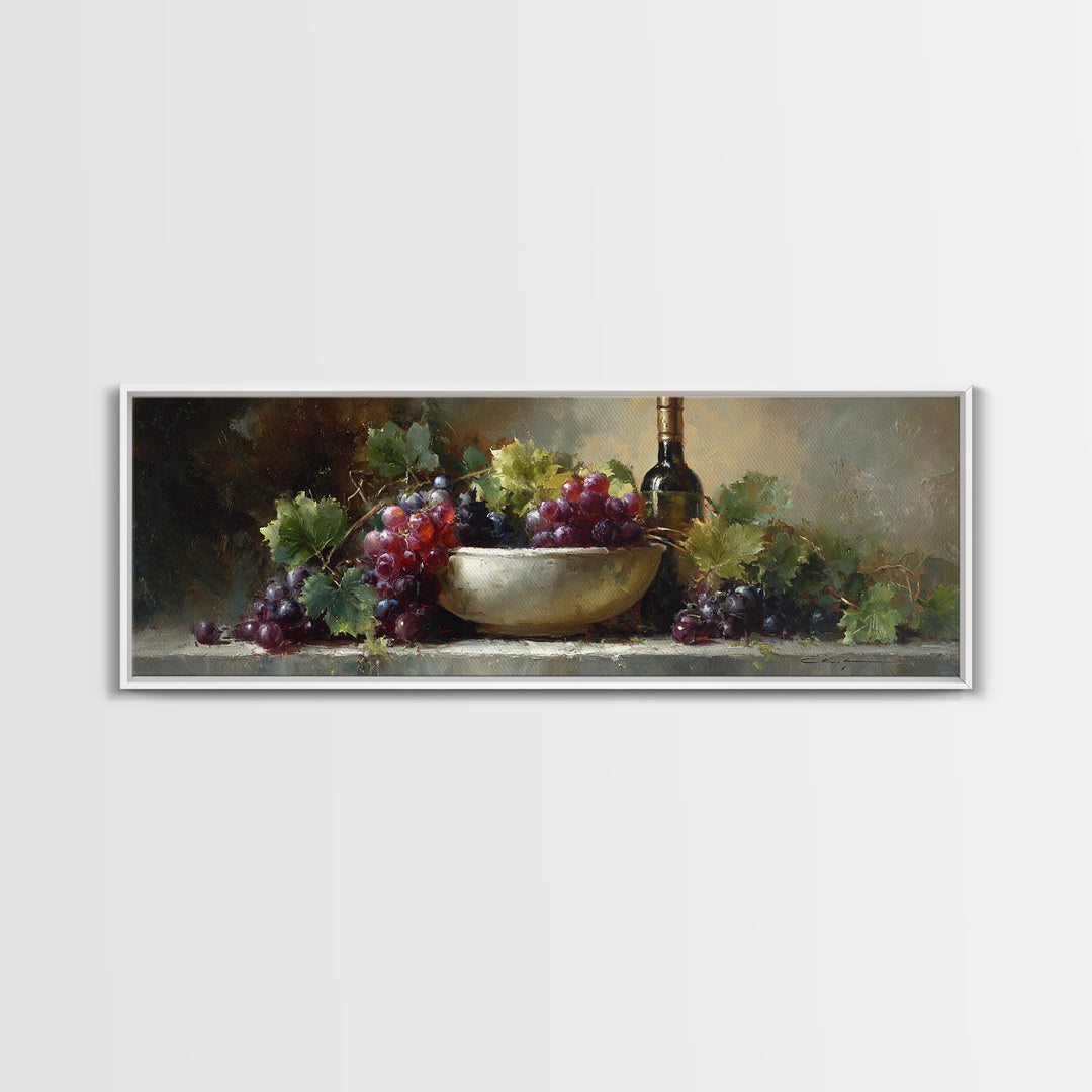Grapes in a Ceramic Bowl with Shadows Framed Canvas Print, Winery Art, Retro Wall Art, Winery Decor, Fine Art, Vineyard, WIN-3x1-1