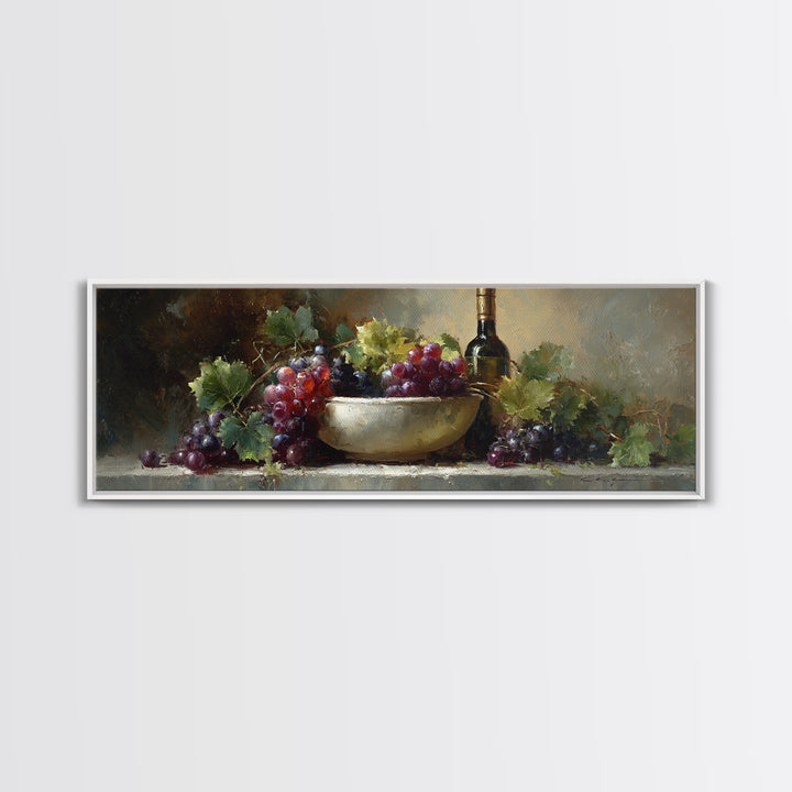 Grapes in a Ceramic Bowl with Shadows Framed Canvas Print, Winery Art, Retro Wall Art, Winery Decor, Fine Art, Vineyard, WIN-3x1-1