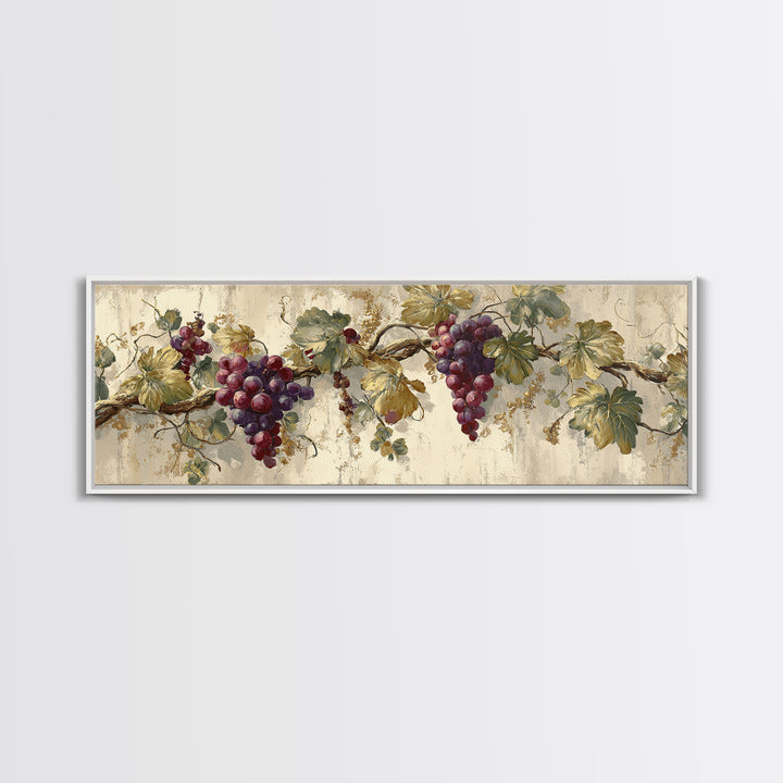 Grapevine Branch with Purple Grapes and Leaves Framed Canvas Print, Winery Art, Gallery Wall Art, Winery Decor, Watercolor Art, WIN-3x1-17