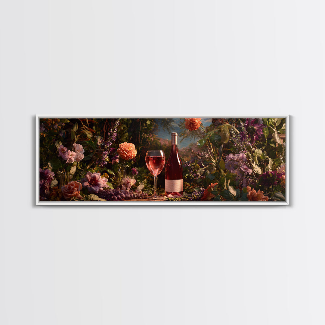 Ros Glass Beside Summer Flowers Canvas Print, Winery Art, Living Room Art, Winery Decor, Watercolor Art, Vineyard, WIN-3x1-54