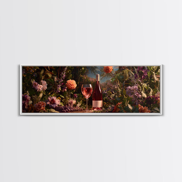 Ros Glass Beside Summer Flowers Canvas Print, Winery Art, Living Room Art, Winery Decor, Watercolor Art, Vineyard, WIN-3x1-54