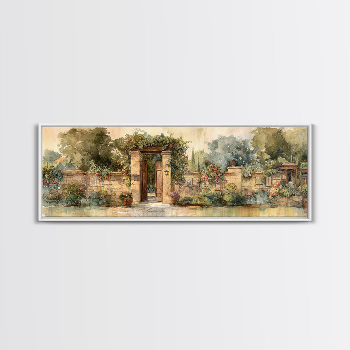 Vineyard Gate with Climbing Roses Framed Canvas Print, Winery Art, Wall Decor, Winery Decor, Fine Art, Vineyard, Kitchen Art, WIN-3x1-55