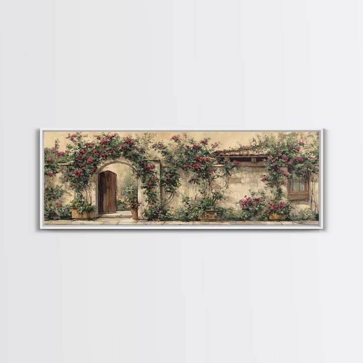 Vineyard Gate with Climbing Roses Framed Canvas Print, Winery Art, Statement Artwork, Winery Decor, Fine Art, Vineyard, WIN-3x1-7