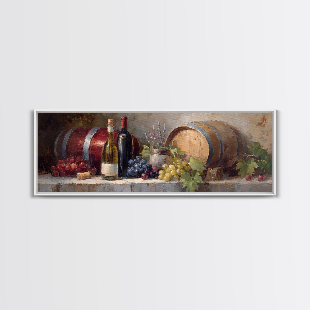 Wine Barrel with Lavender and Sunlight Canvas Print, Winery Art, Wall Art, Winery Decor, Oil Painting, Vineyard, WIN-3x1-70