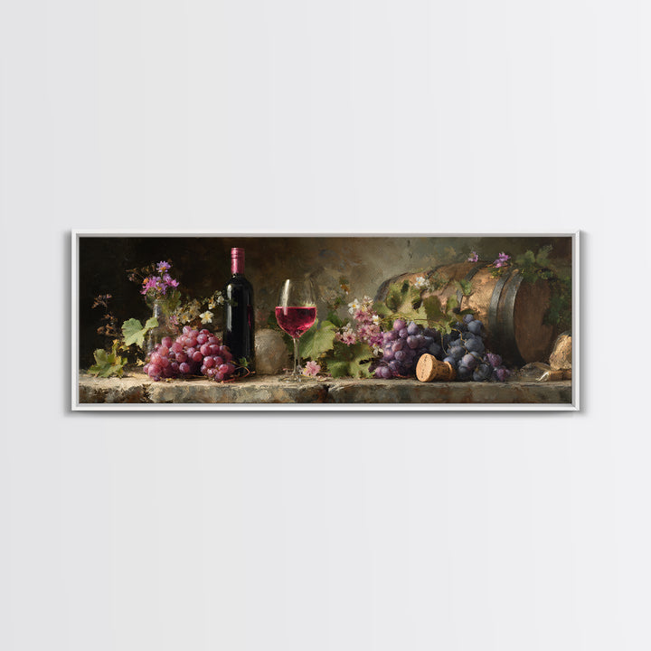 Ros Glass Beside Summer Flowers Canvas Print, Winery Art, Winery Decor, Oil Painting, Vineyard, Retro Wall Art, WIN-3x1-78