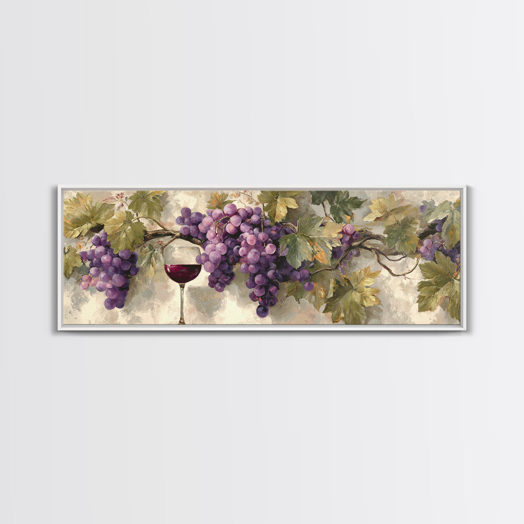Grapevine Branch with Purple Grapes and Leaves Framed Canvas Print, Winery Art, Boho Decor, Winery Decor, Fine Art, Vineyard, WIN-3x1-89