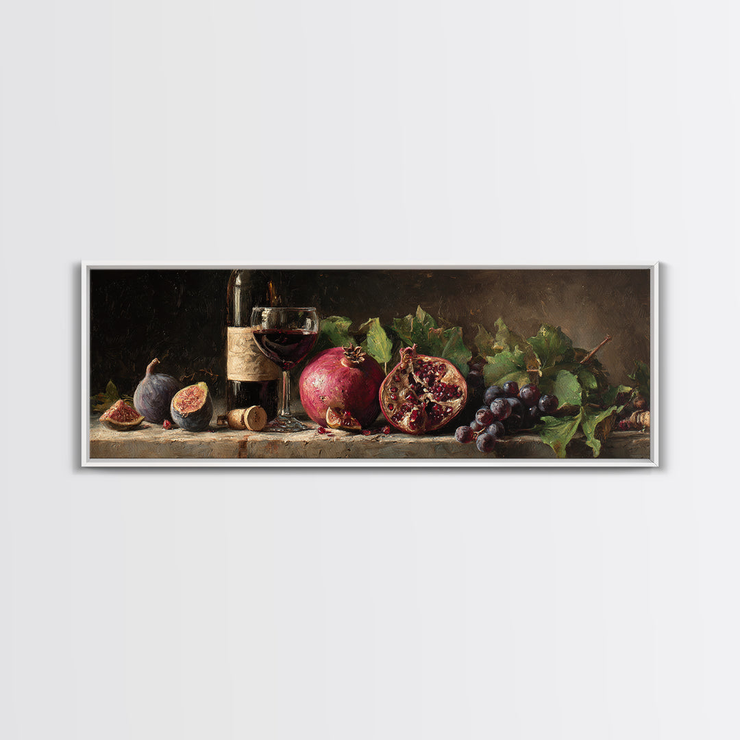 Pomegranate Figs and Red Wine Composition Framed Canvas Print, Winery Art, Living Room Decor, Winery Decor, Fine Art, Vineyard, WIN-3x1-9