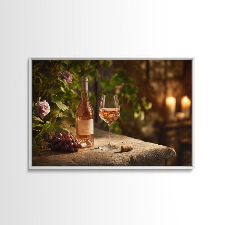 Ros Glass Beside Summer Flowers Framed Canvas Print, Winery Art, Framed Art, Winery Decor, Watercolor Art, Vineyard, WIN-3x2-18