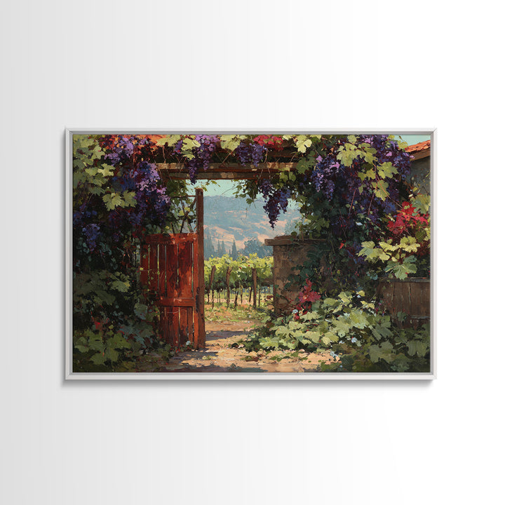 Vineyard Gate with Climbing Roses Framed Canvas Print, Winery Art, Statement Artwork, Winery Decor, Fine Art, Vineyard, WIN-3x2-19