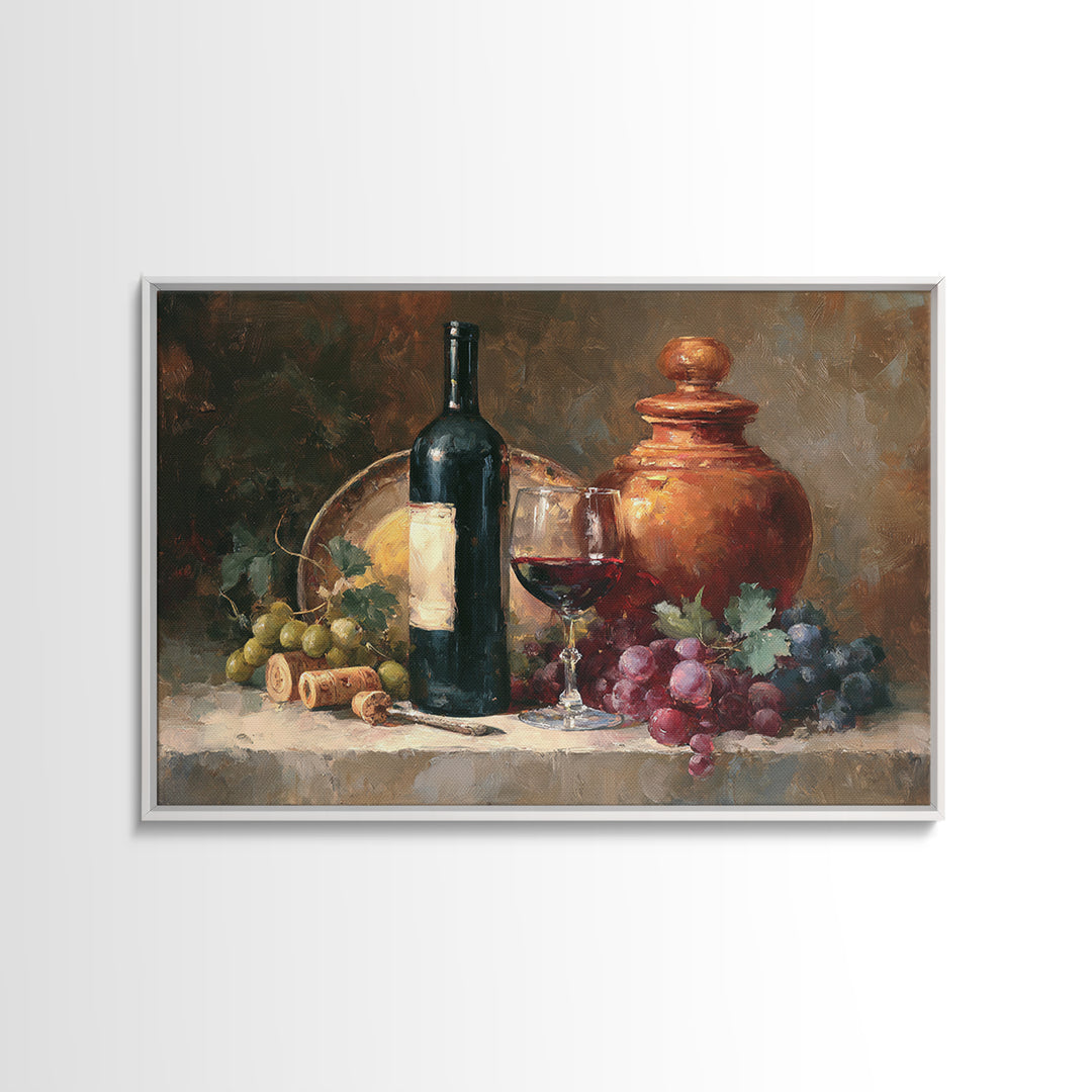 Olive Branch and Wine Glass Mediterranean Still Framed Canvas Print, Winery Art, Retro Wall Art, Winery Decor, Vineyard, WIN-3x2-28