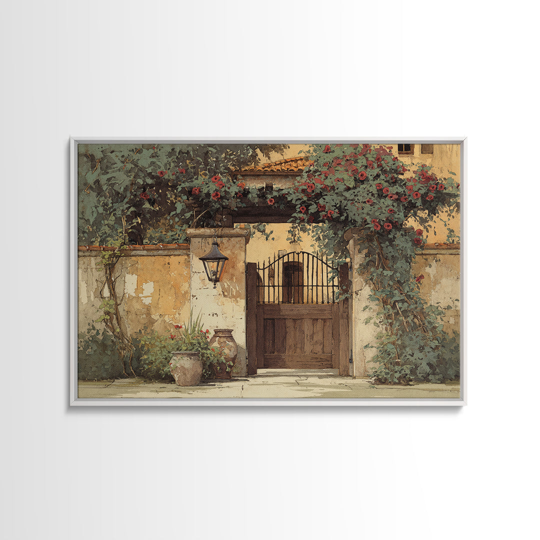 Vineyard Gate with Climbing Roses Canvas Print, Winery Art, Winery Decor, Abstract Art, Vineyard, Wall Hanging, WIN-3x2-43