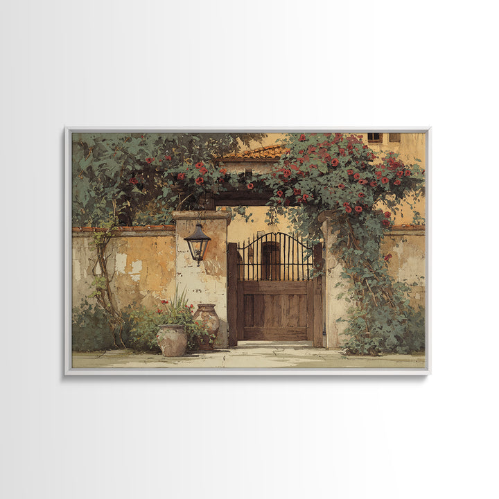 Vineyard Gate with Climbing Roses Canvas Print, Winery Art, Winery Decor, Abstract Art, Vineyard, Wall Hanging, WIN-3x2-43