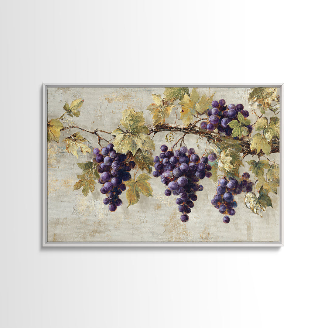 Grapevine Branch with Purple Grapes and Leaves Framed Canvas Print, Winery Art, Bar Art, Winery Decor, Oil Painting, Vineyard, WIN-3x2-5