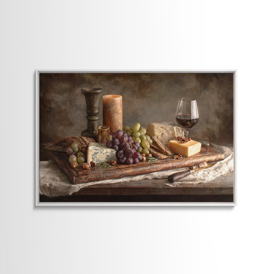 Charcuterie Board with Grapes and Cheese Framed Canvas Print, Winery Art, Cocktail Wall Art, Winery Decor, Watercolor Art, WIN-3x2-65