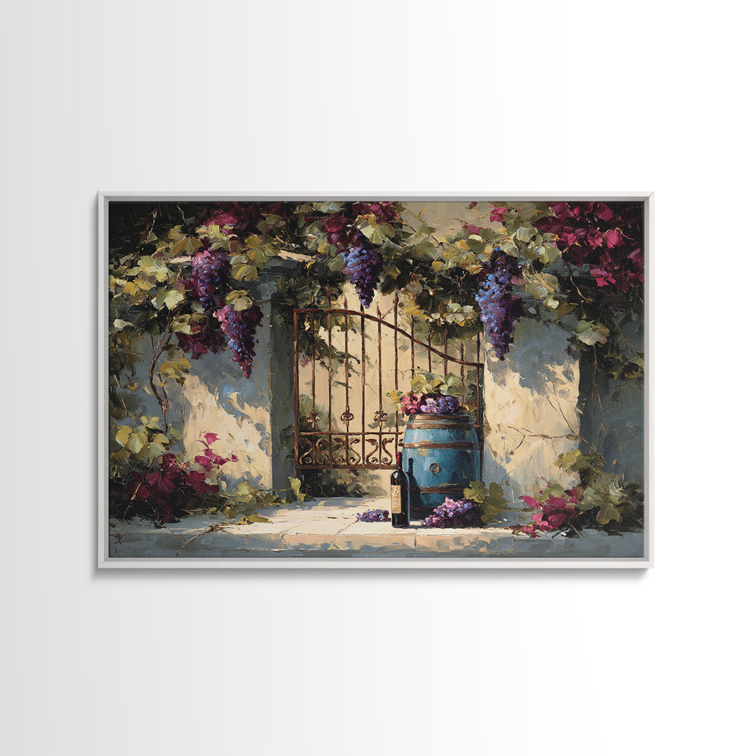 Vineyard Gate with Climbing Roses Canvas Print, Winery Art, Oil Painting, Winery Decor, Watercolor Art, Vineyard, WIN-3x2-67
