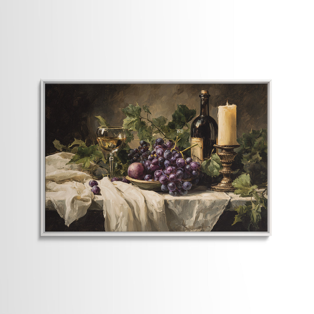 Champagne Grapes and White Linen Still Life Framed Canvas Print, Winery Art, Fine Art Print, Winery Decor, Abstract Art, WIN-3x2-81