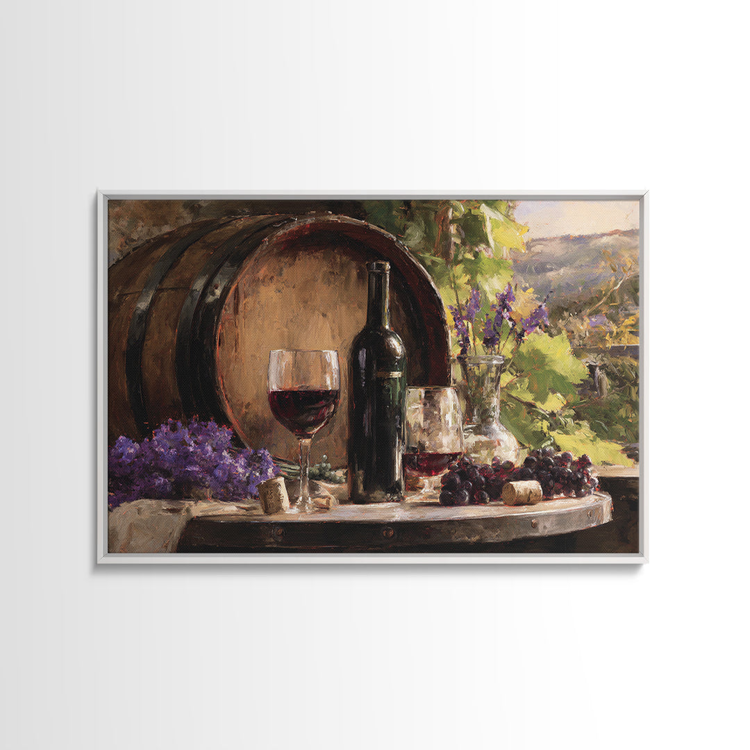 Wine Barrel with Lavender and Sunlight Framed Canvas Print, Winery Art, Travel Poster, Winery Decor, Oil Painting, Vineyard, WIN-3x2-82