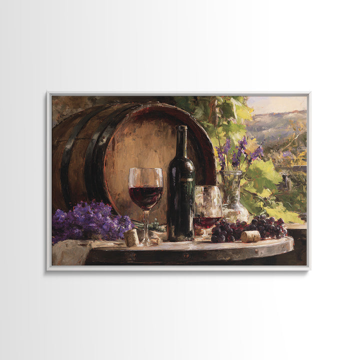 Wine Barrel with Lavender and Sunlight Framed Canvas Print, Winery Art, Travel Poster, Winery Decor, Oil Painting, Vineyard, WIN-3x2-82