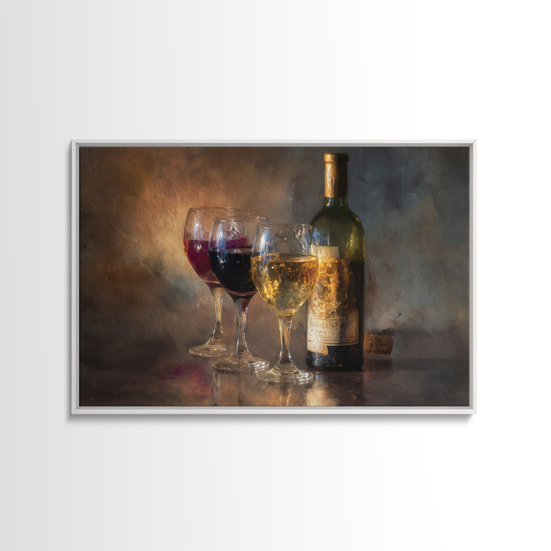 Wine Tasting Flight Rendered as Elegant Still Framed Canvas Print, Winery Art, Gallery Wall Art, Winery Decor, Vineyard, WIN-3x2-86