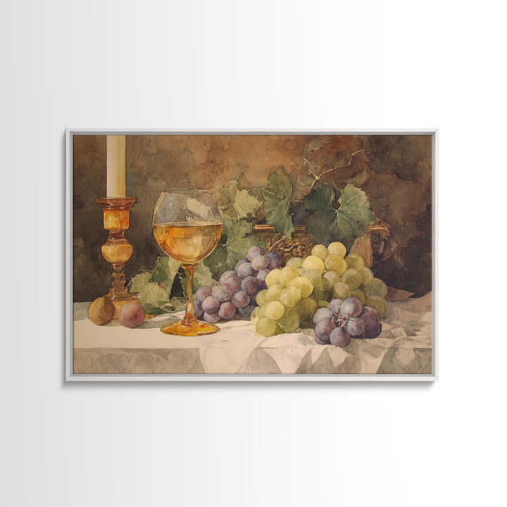 Champagne Grapes and White Linen Still Life Framed Canvas Print, Winery Art, Preppy Wall Art, Winery Decor, Fine Art, Vineyard, WIN-3x2-9