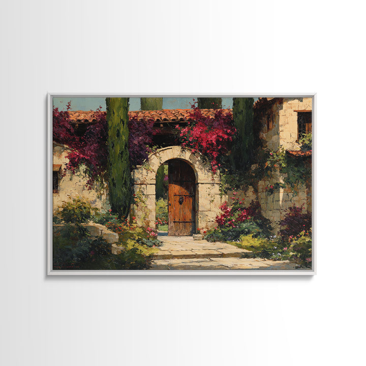 Vineyard Gate with Climbing Roses Framed Canvas Print, Winery Art, Farmhouse Decor, Winery Decor, Oil Painting, Vineyard, WIN-3x2-91