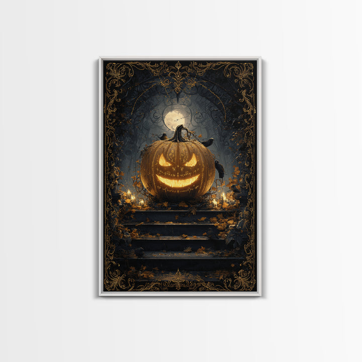 The Gold-Crowned Pumpkin Oracle - Icon Portrait, Occult Wall Decor, Vertical Wall Art, Canvas Print, Halloween Home Decor, Gothic Wall Art