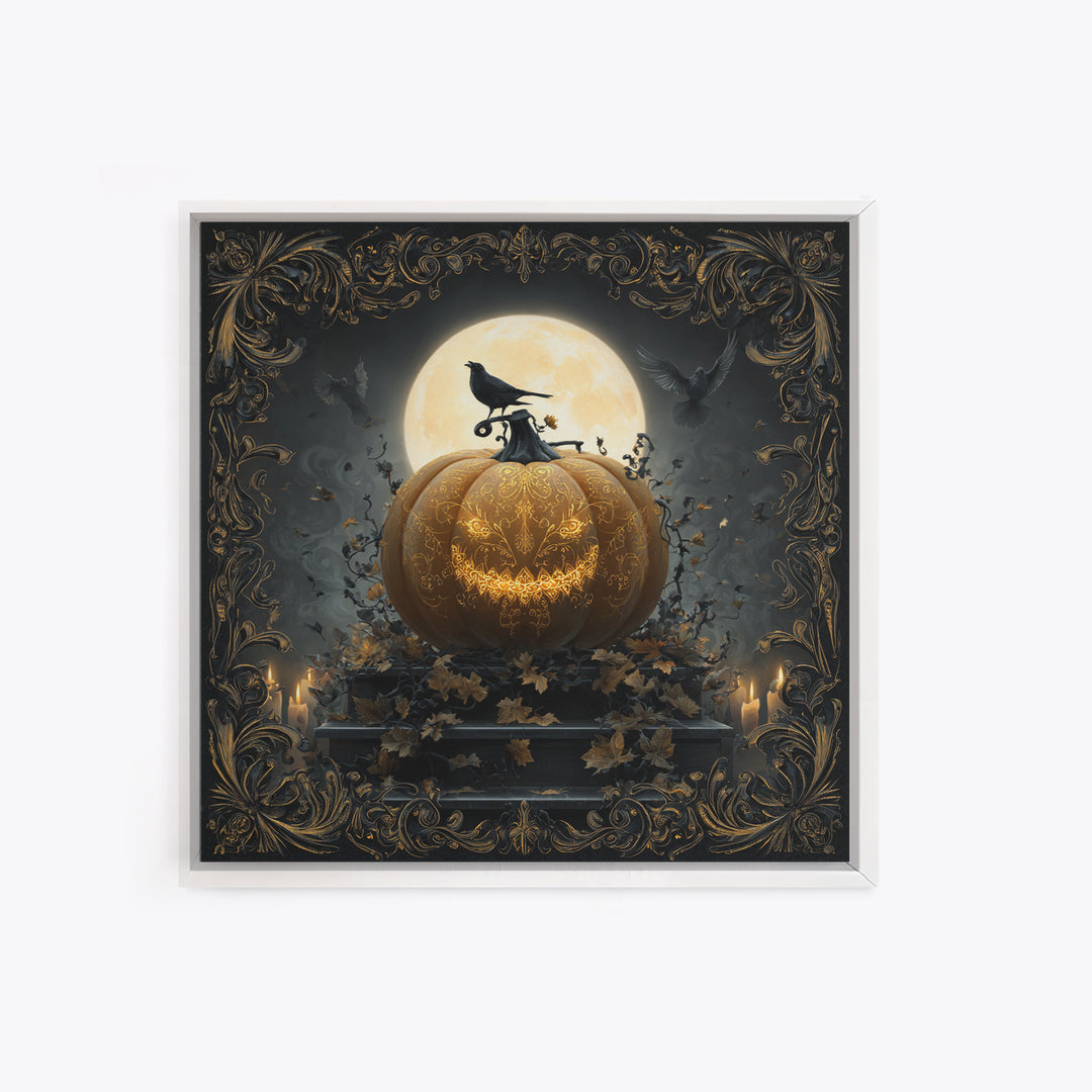 The Gold-Crowned Pumpkin Oracle - Icon Portrait, Spooky Wall Decor, Square Wall Art, Framed Canvas Print, Halloween Home Decor