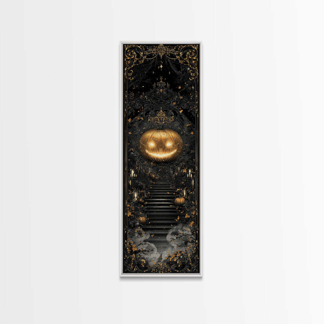 The Gold-Crowned Pumpkin Oracle - Icon Portrait, Spooky Wall Decor, Tall Narrow Wall Art, Framed Canvas Print, Halloween Home Decor