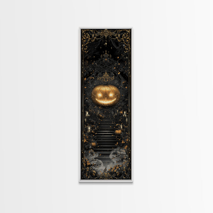The Gold-Crowned Pumpkin Oracle - Icon Portrait, Spooky Wall Decor, Tall Narrow Wall Art, Framed Canvas Print, Halloween Home Decor
