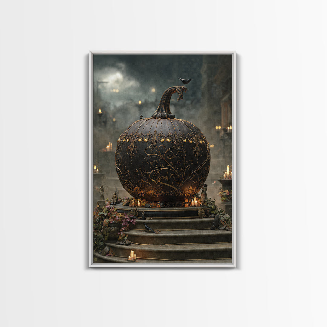 The Gold-Crowned Pumpkin Oracle - Environmental Panorama, Macabre Halloween Art, Vertical Wall Art, Framed Canvas Print, Gothic Wall Art