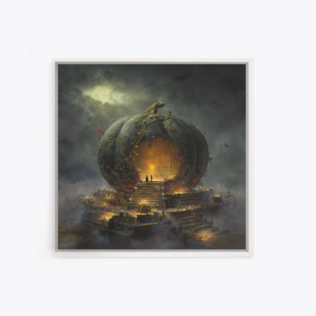 The Gold-Crowned Pumpkin Oracle - Environmental Panorama, Halloween Wall Art, Square Wall Art, Framed Canvas Print, Halloween Home Decor