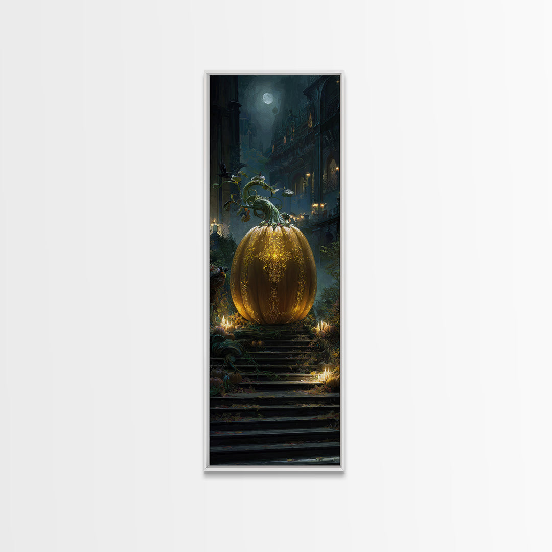 The Gold-Crowned Pumpkin Oracle - Environmental Panorama, Dark Fantasy Wall Art, Tall Narrow Wall Art, Canvas Print, Halloween Home Decor