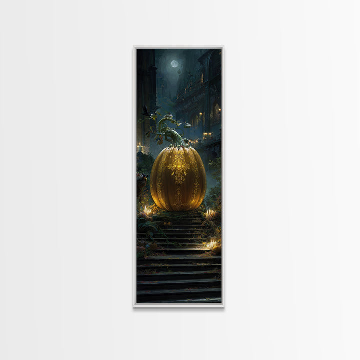 The Gold-Crowned Pumpkin Oracle - Environmental Panorama, Dark Fantasy Wall Art, Tall Narrow Wall Art, Canvas Print, Halloween Home Decor